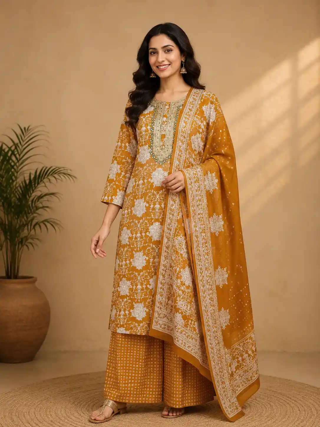 Yellow Floral Designed Cotton Straight Cut Salwar Suit